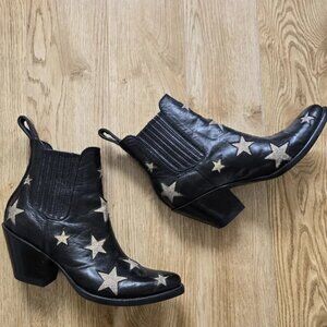 LEATHER Mexicana "Rockstar" Black Ankle Western Boots with Silvery Gold Stars 7
